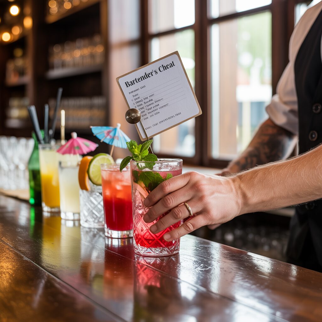 Close-up of a tattooed bartender's hand serving a red mint cocktail at a wooden bar, with a small printed "Bartender's Cheat Sheet" card clipped to the glass garnish.