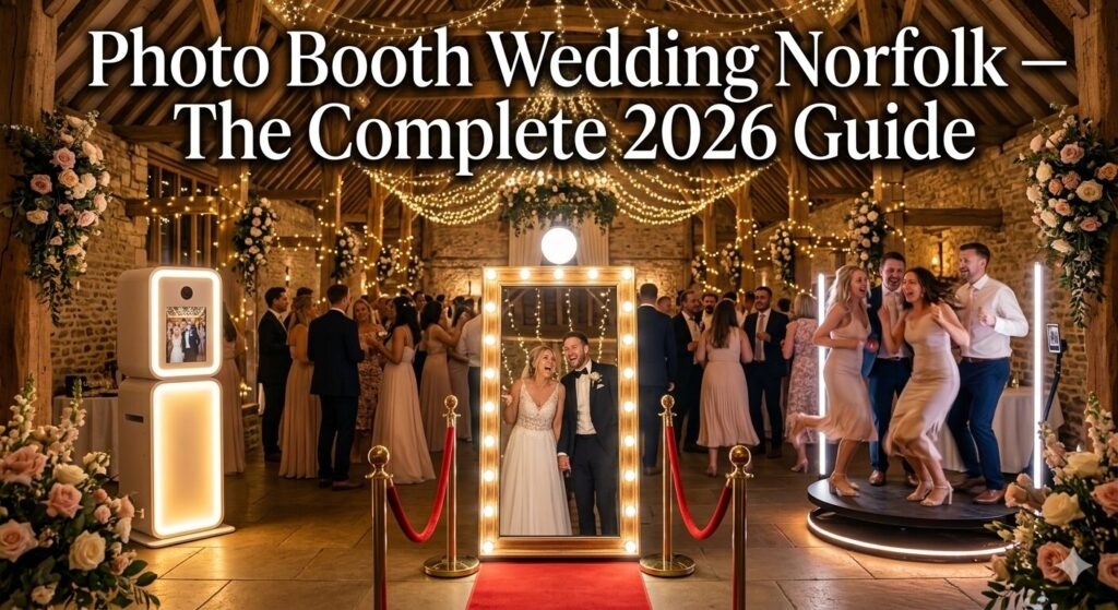 Photo booth wedding Norfolk — Hollywood magic mirror
and selfie pod setup at a stunning Norfolk barn
wedding venue with celebrating guests
