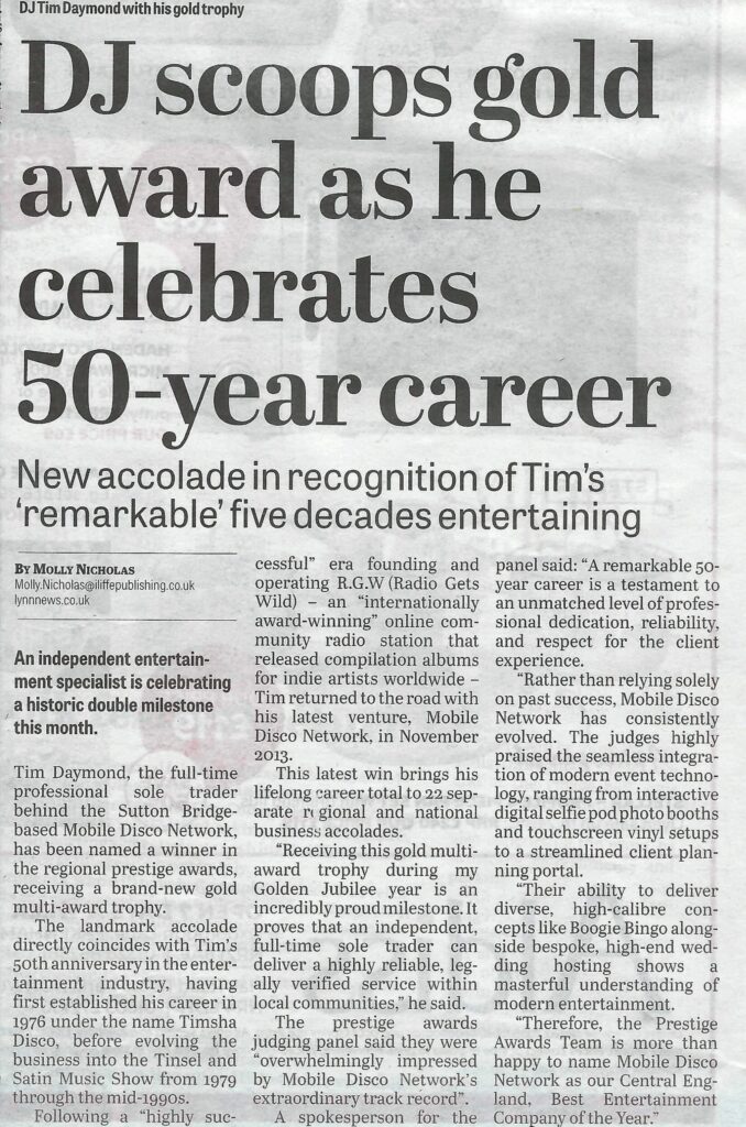 Newspaper clipping from the Lynn News Advertiser featuring Mobile Disco Network. The headline reads DJ scoops gold award as he celebrates 50-year career. It profiles Tim Daymond winning Central England Best Entertainment Company of the Year at the Prestige Awards.