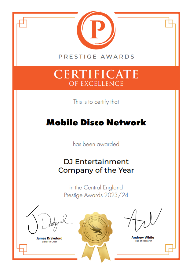 Official Prestige Award certificate declaring Mobile Disco Network as the winner of DJ Entertainment Company of the Year.