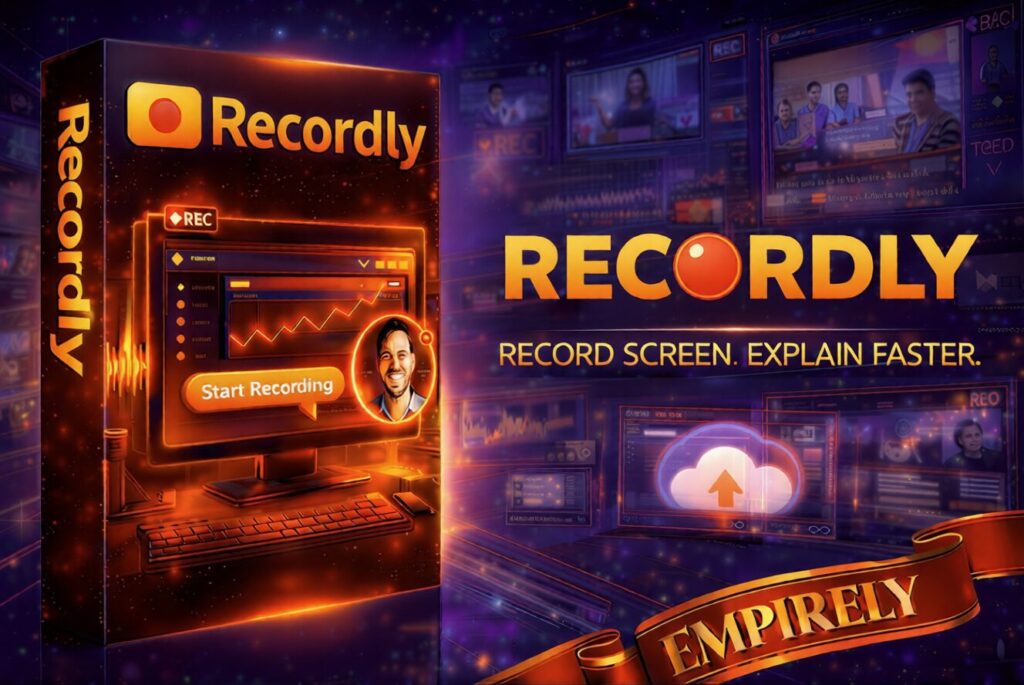  DJ Tim demonstrating the Recordly online screen recorder inside the Empirely Tycoon member dashboard, showing the HD recording toolbar, audio capture toggle, social sharing panel, and one-click video transcription button.