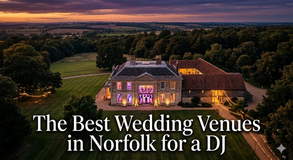 Best wedding venues Norfolk DJ — professional DJ performing at a stunning Norfolk wedding venue with LED lighting and packed dance floor