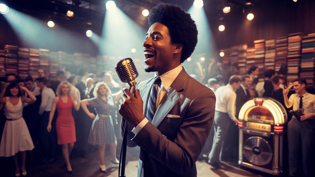 A romantic couple embraces during their first dance on a wedding floor lit by vibrant pink and blue light streaks