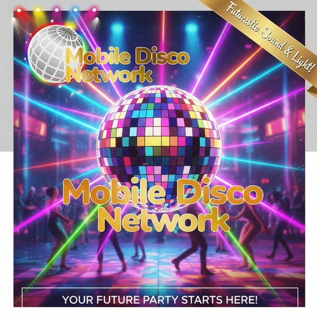 Top 20 70s Disco A vibrant 70s disco dance floor with a large sparkling disco ball neon lights.
