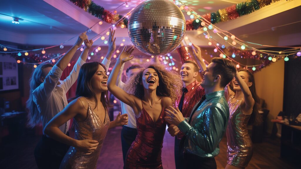 Top 20 80s Party Energetic party guests in 80s-style sequined outfits dancing under a large disco ball and colorful tinsel