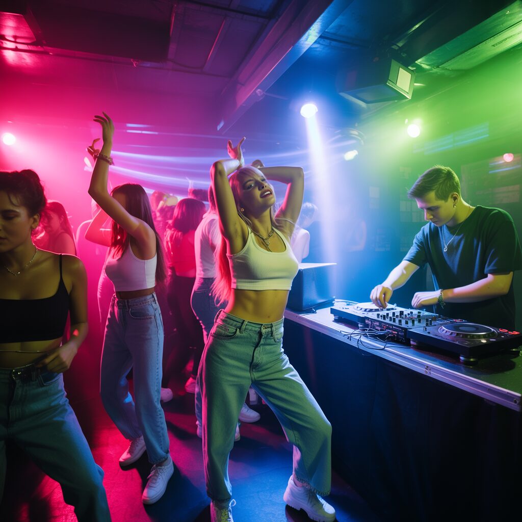 Top 20 90s Club A high energy 90s club scene with a DJ performing for a dancing crowd under vibrant laser lights