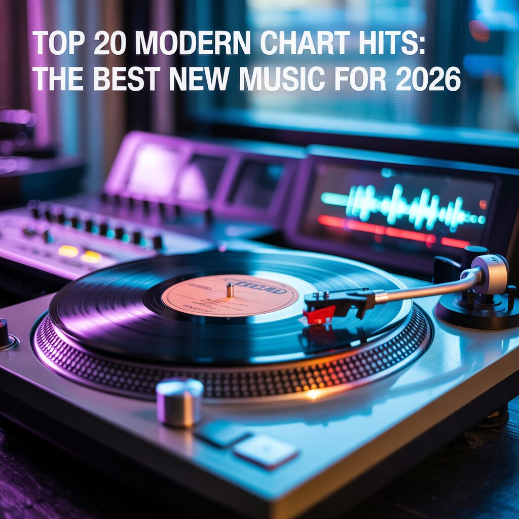 Top 20 Modern Chart A high-end vinyl turntable spinning a record in a modern studio setting with blue and pink neon lighting and a digital audio waveform display in the background.