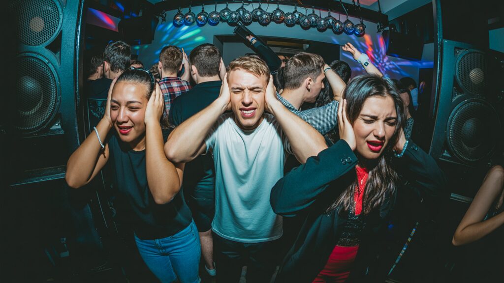 Party guests covering their ears due to loud music, illustrating one of the top 20 party mistakes to avoid