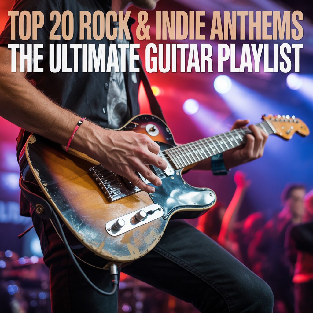 Close-up of a musician's hands playing an electric guitar on stage under bright concert lights. Overlay text reads: "Top 20 Rock & Indie Anthems: The Ultimate Guitar Playlist.