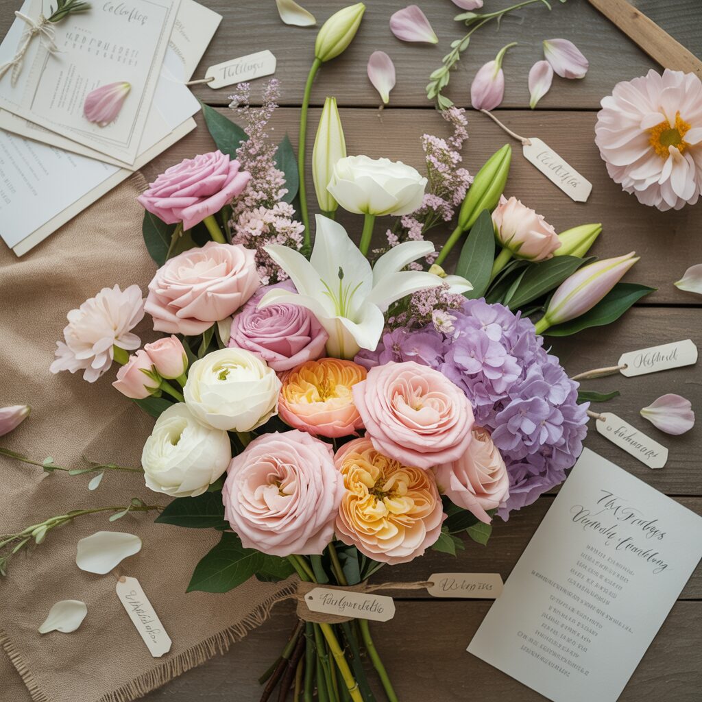 Top 20 Wedding Flowers A flat-lay photograph of a bridal bouquet featuring pink roses, white lilies, purple hydrangeas, and orange ranunculus on a wooden table wedding invitations