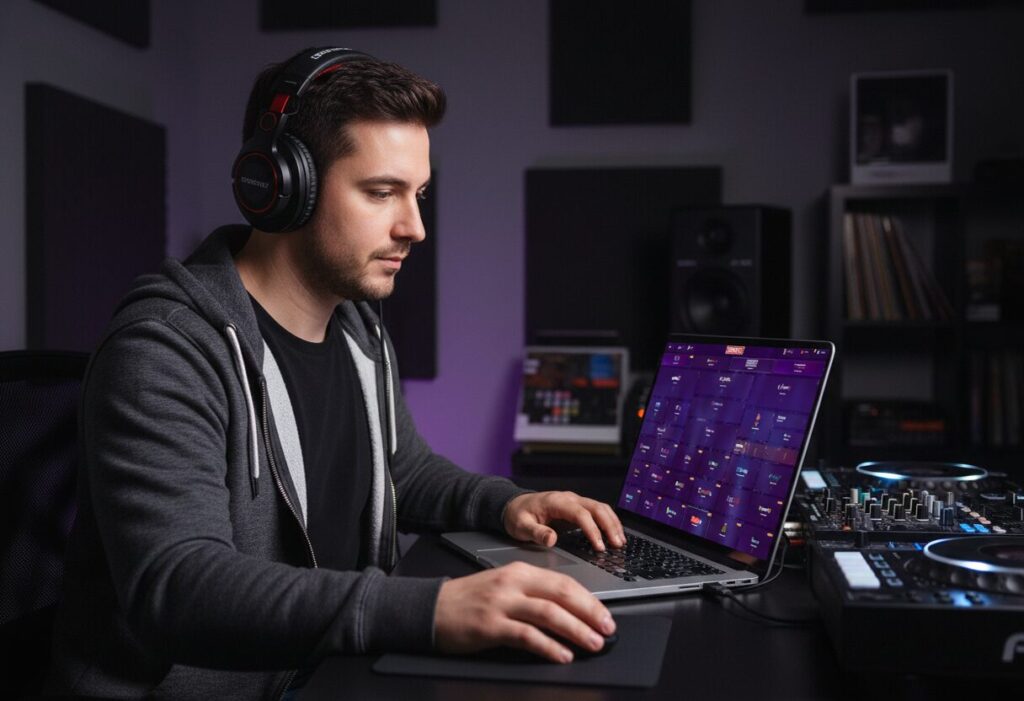 Professional DJ setup showing the Empirely AI dashboard used by DJ Tim — the only Trading Standards approved DJ in the region