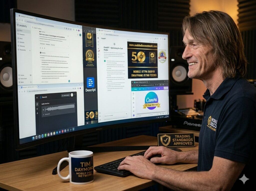 AI marketing tools DJs 2026 — DJ Tim testing ten AI tools for his East Anglia mobile DJ business across Norfolk Suffolk Cambridgeshire Lincolnshire