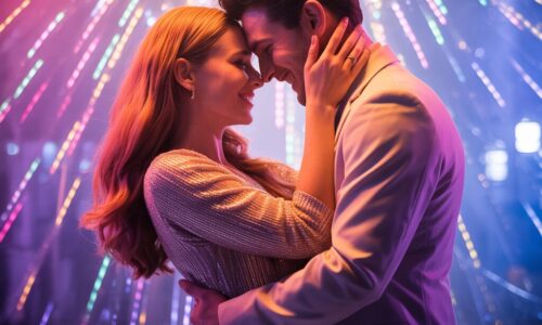 Top Wedding First Dance Songs: 30 Incredible Choices for 2026 A close-up of a romantic couple embracing on a wedding dance floor illuminated by vibrant, multi-colored light streaks