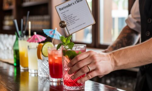 Close-up of a tattooed bartender's hand serving a red mint cocktail at a wooden bar, with a small printed "Bartender's Cheat Sheet" card clipped to the glass garnish.
