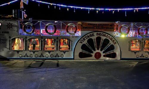 Fancy Dress Party DJ event on the Broads Tours Vintage Broadsman boat in Wroxham, decorated for a Spooky to Boogie themed cruise at night.