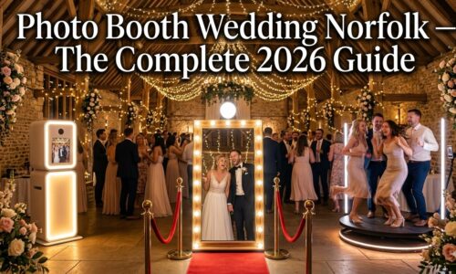 Photo booth wedding Norfolk — Hollywood magic mirror and selfie pod setup at a stunning Norfolk barn wedding venue with celebrating guests