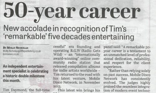 Newspaper clipping from the Lynn News Advertiser featuring Mobile Disco Network. The headline reads DJ scoops gold award as he celebrates 50-year career. It profiles Tim Daymond winning Central England Best Entertainment Company of the Year at the Prestige Awards.