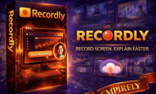 DJ Tim demonstrating the Recordly free screen recorder with transcription inside the Empirely Tycoon member dashboard, showing the HD recording toolbar, audio capture toggle, 50+ language transcription panel, social sharing options, and one-click export button.