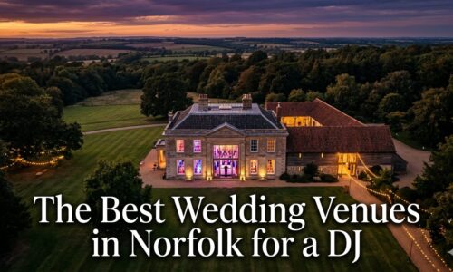 Best wedding venues Norfolk DJ — professional DJ performing at a stunning Norfolk wedding venue with LED lighting and packed dance floor