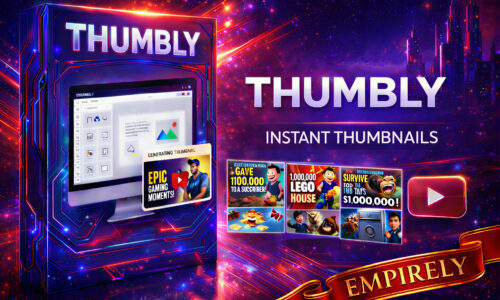 Thumbly logo on dark background — AI social image creator for YouTube, Facebook, Instagram, TikTok, Reels and Shorts, Empirely New Edition