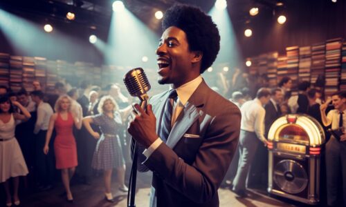 Top 20 60s Soul A romantic couple embraces during their first dance on a wedding floor lit by vibrant pink and blue light streaks