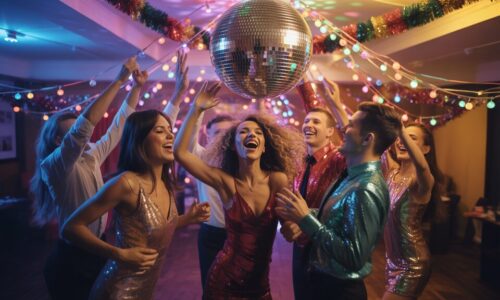 Top 20 80s Party Energetic party guests in 80s-style sequined outfits dancing under a large disco ball and colorful tinsel
