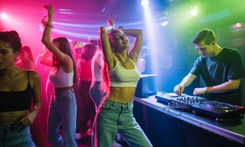 Top 20 90s Club A high-energy 90s club scene with a DJ performing for a dancing crowd under vibrant laser lights