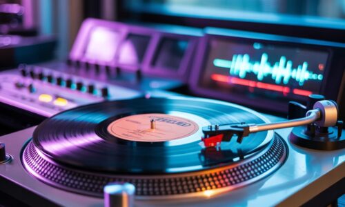 Top 20 Modern Chart A high-end vinyl turntable spinning a record in a modern studio setting with blue and pink neon lighting and a digital audio waveform display in the background.