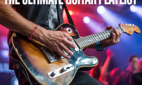 Close-up of a musician's hands playing an electric guitar on stage under bright concert lights. Overlay text reads: "Top 20 Rock & Indie Anthems: The Ultimate Guitar Playlist.