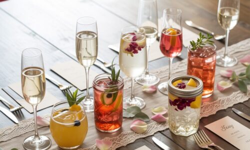 Top 20 Wedding Reception Drinks A long wooden wedding reception table with a lace runner, featuring various drinks including glasses of champagne, vibrant red cocktails in mason jars, and garnished amber-colored mocktails next to personalized name cards.