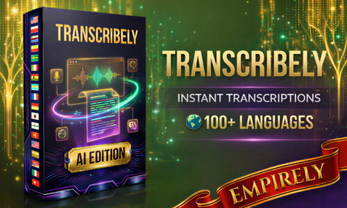 Transcribely AI Edition software box showing AI audio transcription tool with 100+ languages, audio waveform, microphone and AI brain icons, part of Empirely Tycoon.
