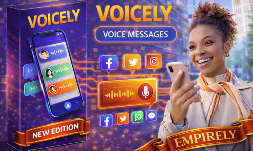 Voicely New Edition promotional banner showing a woman using the app on her smartphone, with social media icons for Facebook, Twitter, Instagram, and WhatsApp, and a product box displaying the Voicely interface with voice waveform messages.
