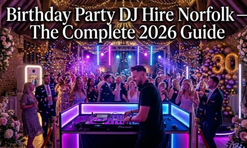 Birthday party DJ hire Norfolk — professional DJ performing at a milestone birthday celebration with a packed dance floor and LED lighting at a Norfolk venue