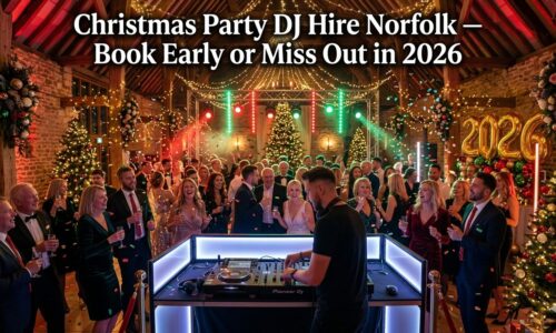 Christmas party DJ hire Norfolk — professional DJ performing at a festive Norfolk corporate Christmas party with LED lighting and packed dance floor