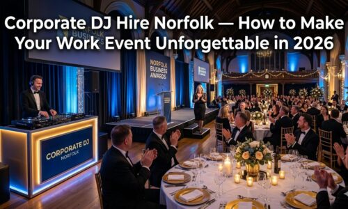 Corporate DJ hire Norfolk — professional DJ performing at a prestigious Norfolk corporate awards night with elegant LED lighting and black tie guests