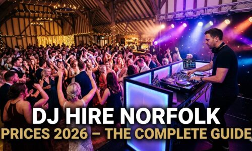DJ hire Norfolk prices 2026 — professional DJ performing at a Norfolk wedding venue with LED lighting and packed dance floor