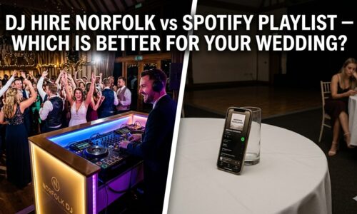 DJ hire Norfolk vs Spotify — professional DJ performing at a packed Norfolk wedding dance floor compared to a lone smartphone and empty dance floor