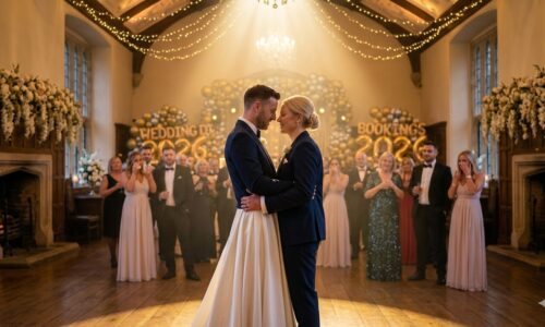 First dance songs Norfolk — couple sharing romantic first dance at a stunning Norfolk barn wedding venue with warm golden lighting and celebrating guests