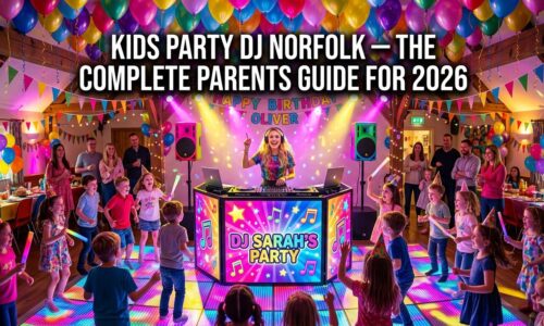 Kids party DJ Norfolk — professional children's DJ entertaining kids at a colourful Norfolk birthday party with LED lighting and dancing children