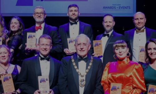 DJ Tim of Mobile Disco Network celebrating 4th place for Customer Care at the King’s Lynn Mayor’s Business Awards 2025.