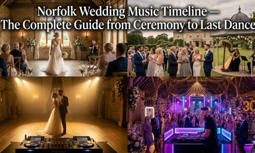Norfolk wedding music timeline — professional DJ performing at a Norfolk wedding from the ceremony to last dance with guests celebrating