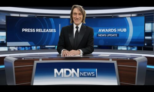 Official Awards Press Hub news anchor update background featuring the MDN News studio desk with latest press releases and industry milestones screens.
