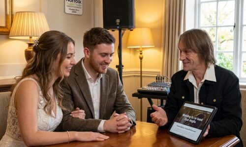 : Questions to ask wedding DJ East Anglia — DJ Tim in pre-wedding consultation with couple across Norfolk Suffolk Cambridgeshire Lincolnshire Tim is a Trusted Trader, Trading Standards Approved DJ