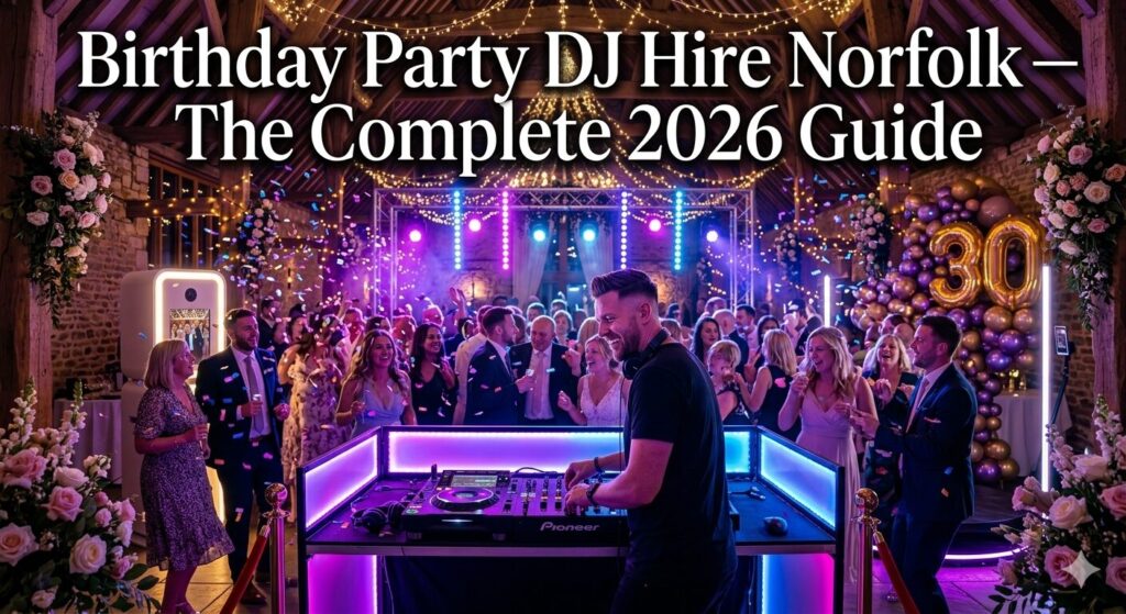 Birthday party DJ hire Norfolk — professional DJ
performing at a milestone birthday celebration
with a packed dance floor and LED lighting at a Norfolk venue