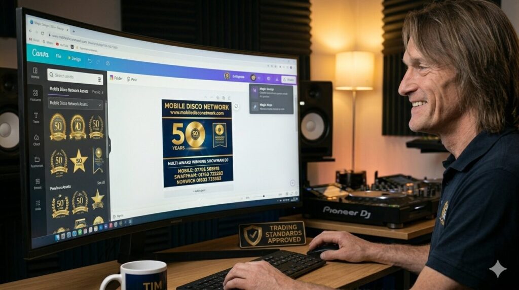 Canva AI for mobile DJs — using Canva AI design tools to create social media graphics for a DJ business East Anglia 2026