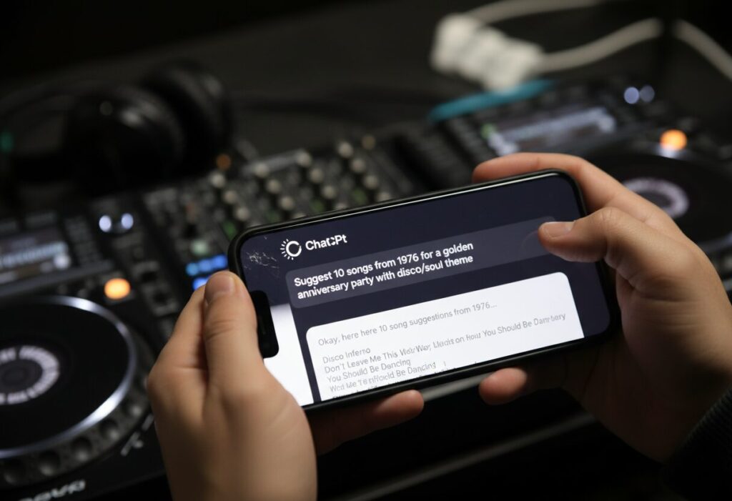 ChatGPT DJ playlist ideas — AI tools for mobile DJ business showing ChatGPT interface for playlist brainstorming and email drafting 2026