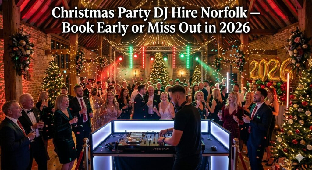 Christmas party DJ hire Norfolk — professional DJ performing at a festive Norfolk corporate Christmas party with LED lighting and packed dance floor