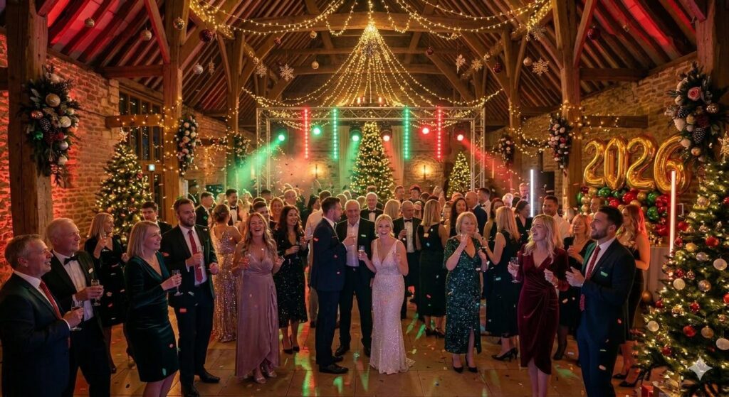 Christmas party DJ hire Norfolk — professional DJ performing at a festive Norfolk venue with Christmas lighting and packed dance floor