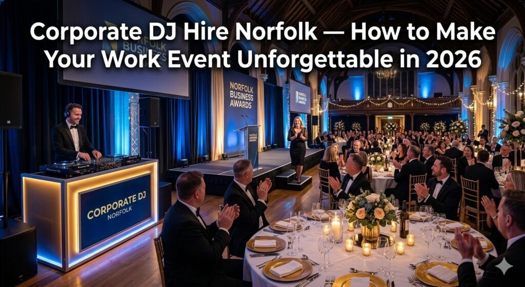 Corporate DJ hire Norfolk — professional DJ performing at a prestigious Norfolk corporate awards night with elegant LED lighting and black tie guests