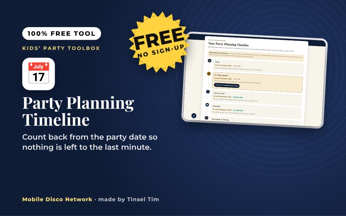 Party Planning Timeline, one of our free kids party tools